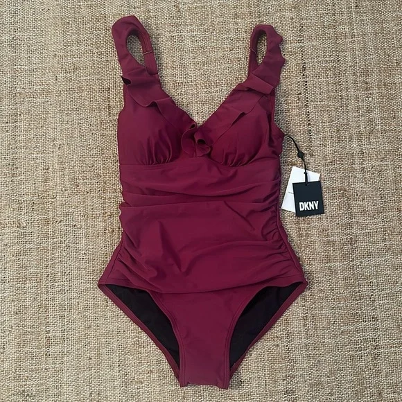New DKNY Ruffle Plunge Underwire TummyControl One Piece Swimsuit Burgundy Size 6 - Picture 4 of 11